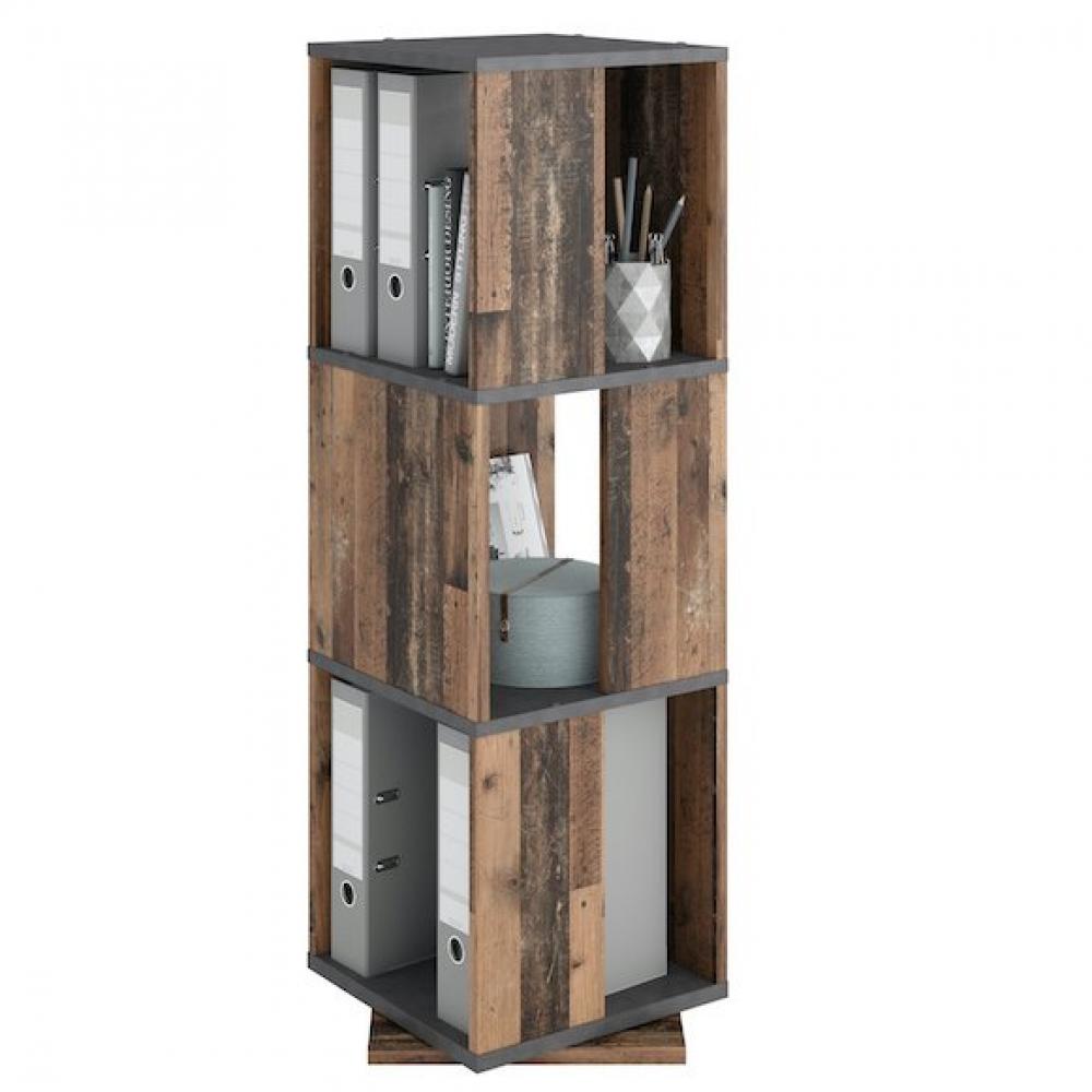 Étagère pivotante de rangement TOULOUSE coloris gris anthracite matera et bois vieilli old style foncé 3 compartiments